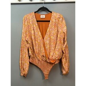 Showpo Floral Surplice Bodysuit Womens 10 Orange Yellow V-Neck Long Sleeve